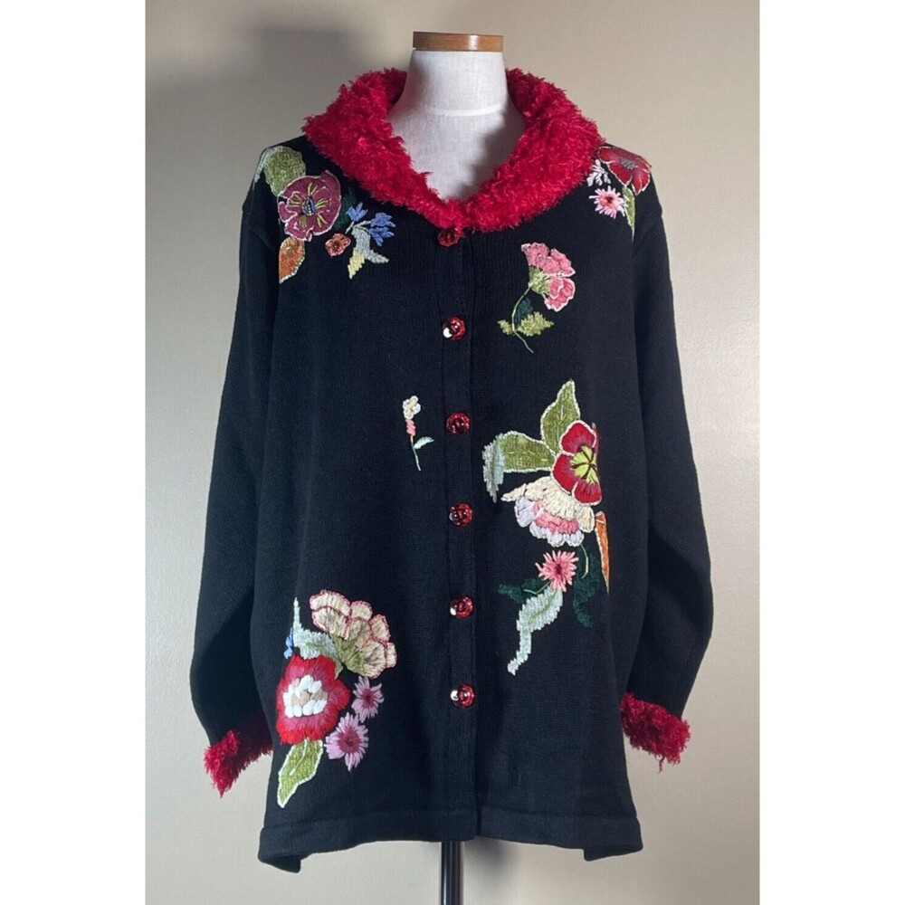 Storybook Knits Cardigan Sweater 2X Beaded Embroidered Floral NWT New Black